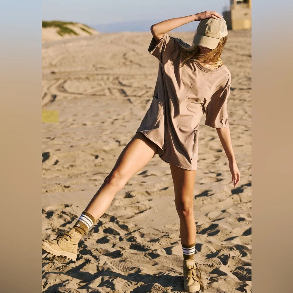 NWT Free People Movement Hot Shot Tee Romper Mocha Latte Tan Oversized Sz S